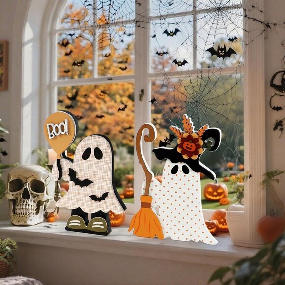Halloween Decorations Indoor, 2 Pack Cute Wooden Halloween , Witchy Ghost with B - Picture 7 of 9